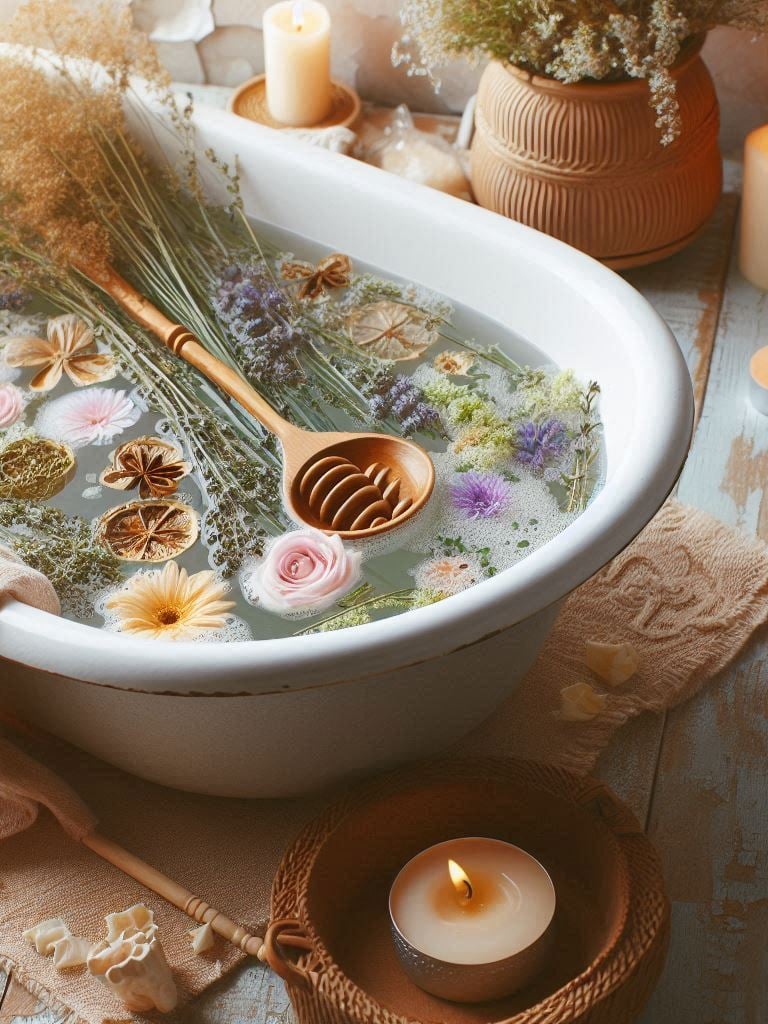 white tub with herbs and dried flowers, candles in background and foreground