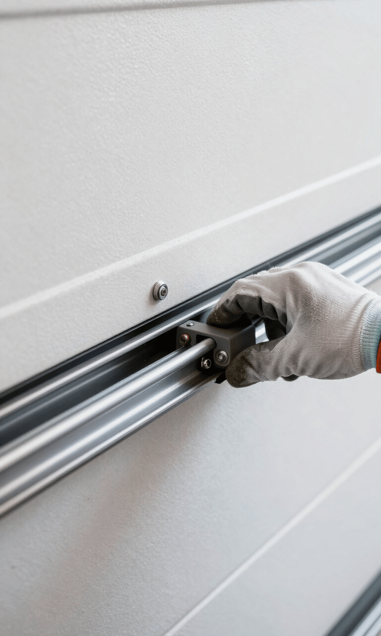 Close-up of a well-maintained garage door track and roller, with a technician's gloved hand making an adjustment, bright indoor garage lighting, high detail.