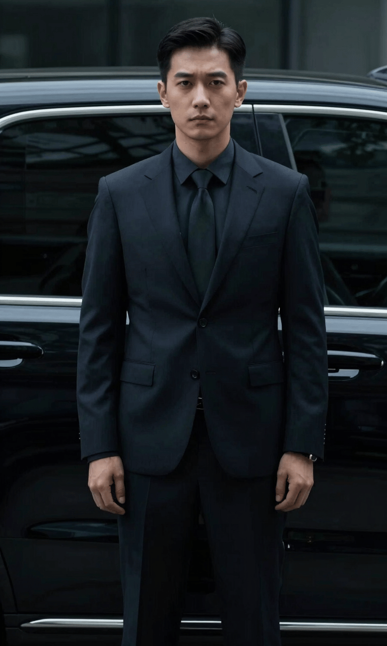 Professional operative in a tailored dark suit, standing discreetly beside a dark executive vehicle, low-key cinematic lighting, avoiding direct eye contact with the camera, muted navy and charcoal tones, sharp focus.
