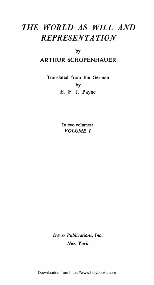 Title page of The World as Will and Representation by Arthur Schopenhauer, translated by E. F. J. Payne.