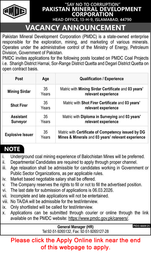 Pakistan Mineral Development Corporation Balochistan Jobs 2026 February Apply Online Assistant Surveyor & Others Latest
