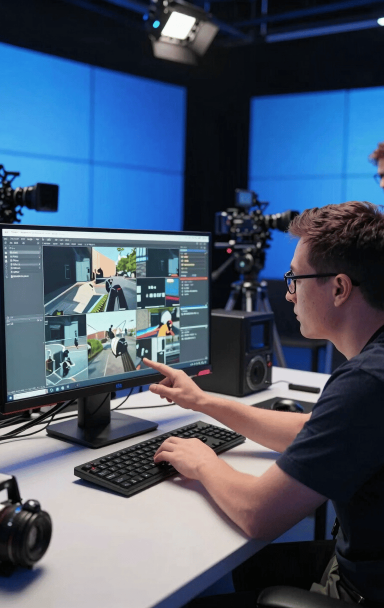 Wide medium shot of a campaign director reviewing footage on a large monitor in a production suite, broadcast-blue LED panels casting directional light across the control desk, camera rigs visible in background mid-setup, editorial tension in the frame