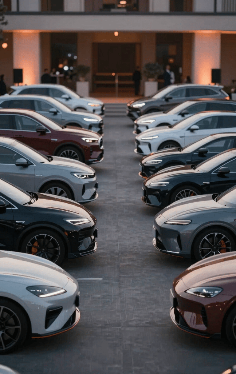 An organized row of high-end luxury SUVs and sports cars parked at a private event. The composition is symmetrical and professional, showing strategic management. Lighting is dusk with subtle #6A0505 architectural highlights.