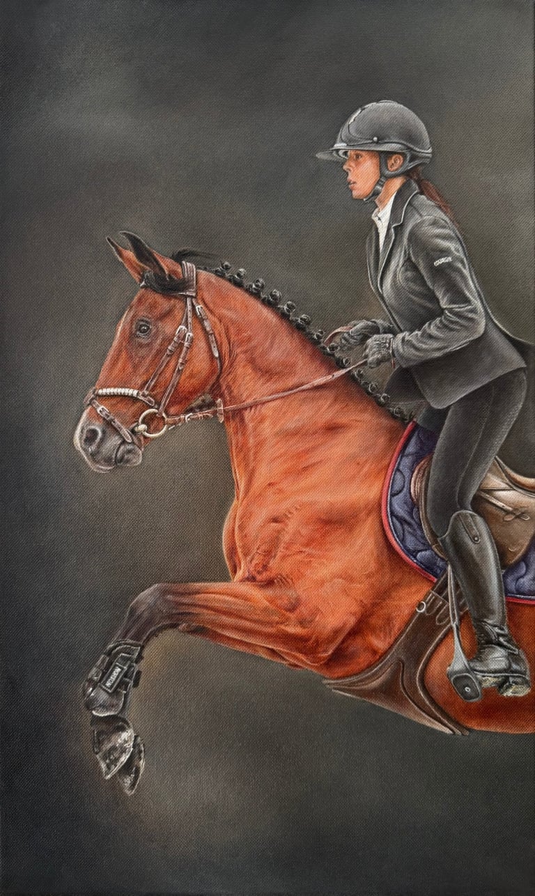 peinture animalière d'un cheval sautant un obstacle