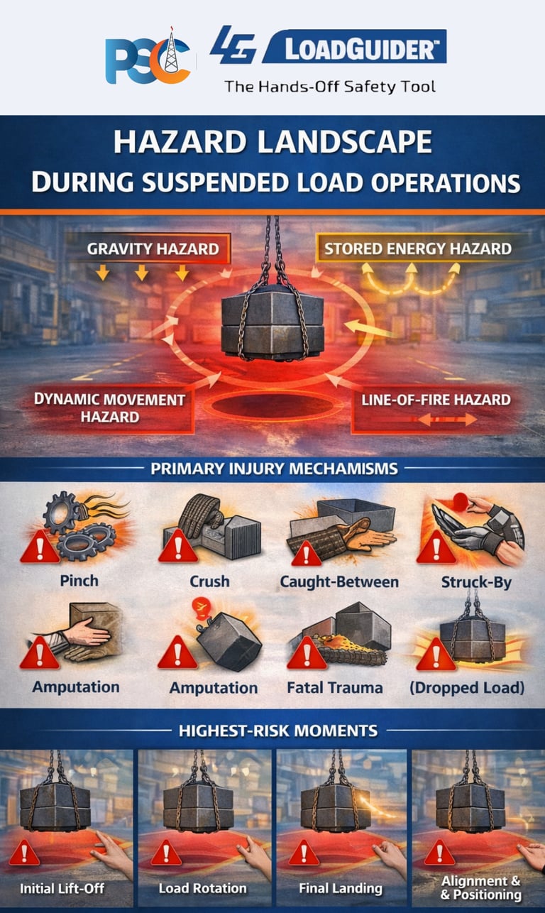 Hands-free lifting safety website design for PSC LoadGuider push pull stick with blue footer and cle