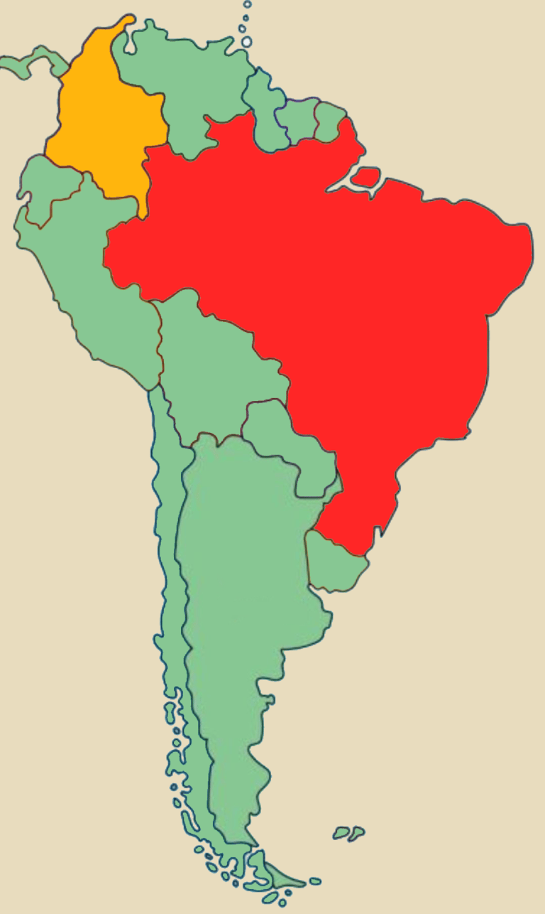 Karte von Südamerika mit Brasilien und Kolumbien
