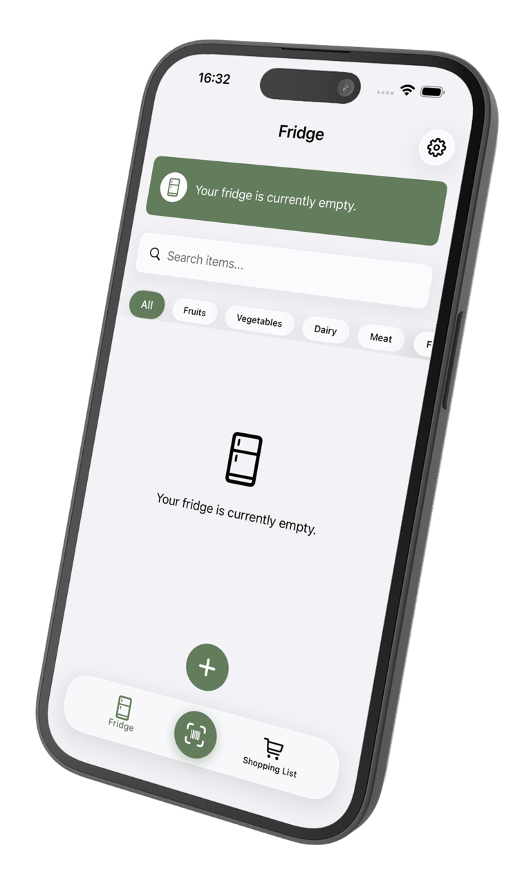 ReFridge app showing an empty fridge inventory screen.