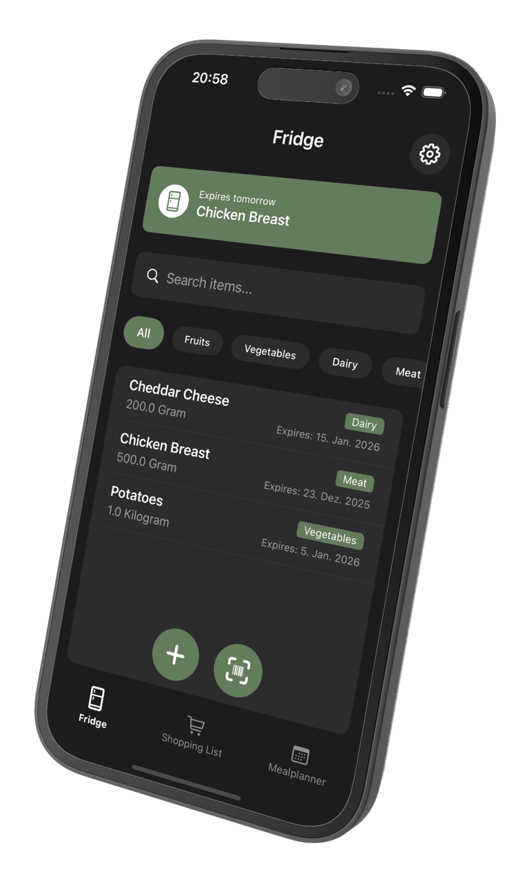 ReFridge app showing food inventory with expiration dates in darkmode