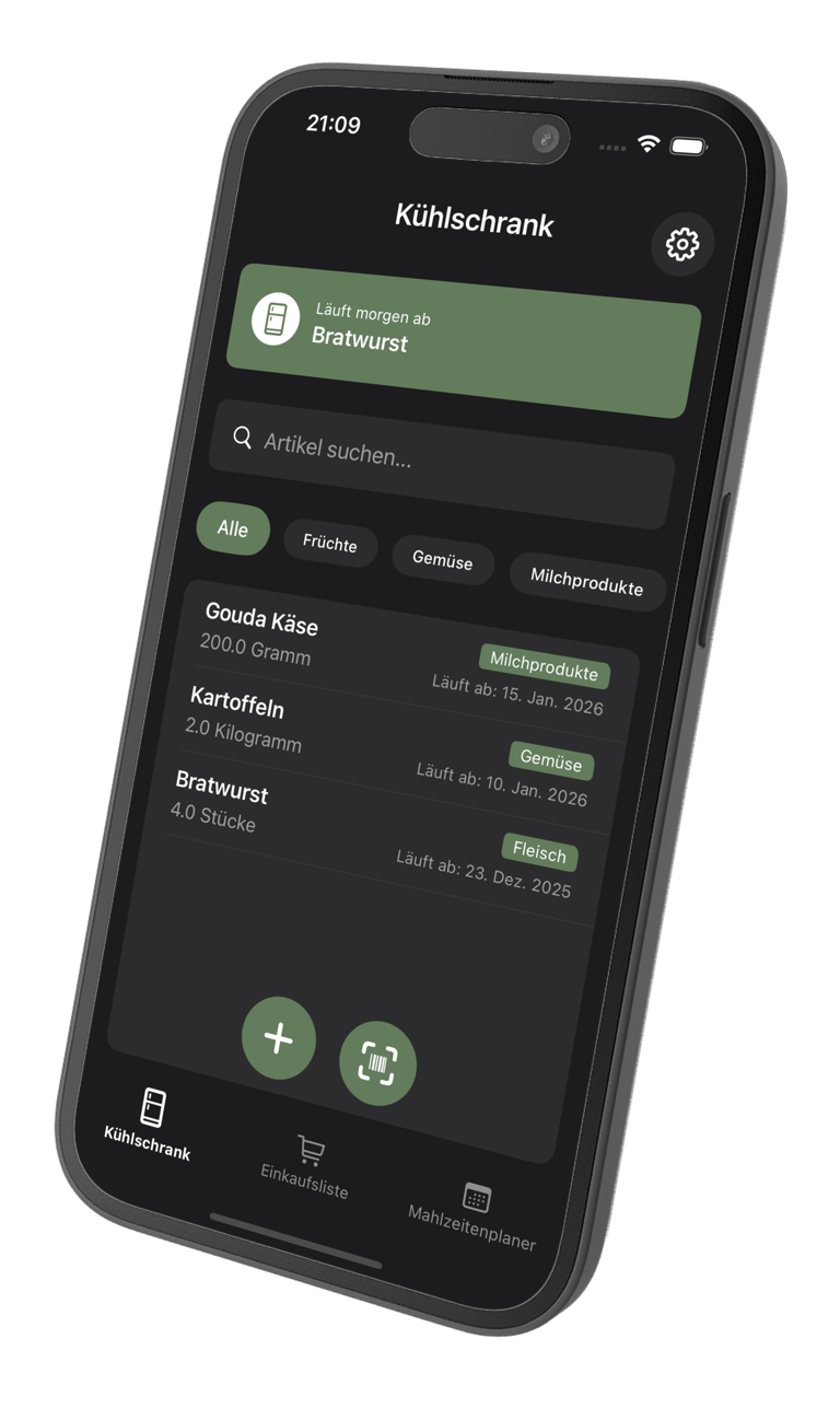 ReFridge-App mit Lebensmittelübersicht und Ablaufdaten im Dark Mode