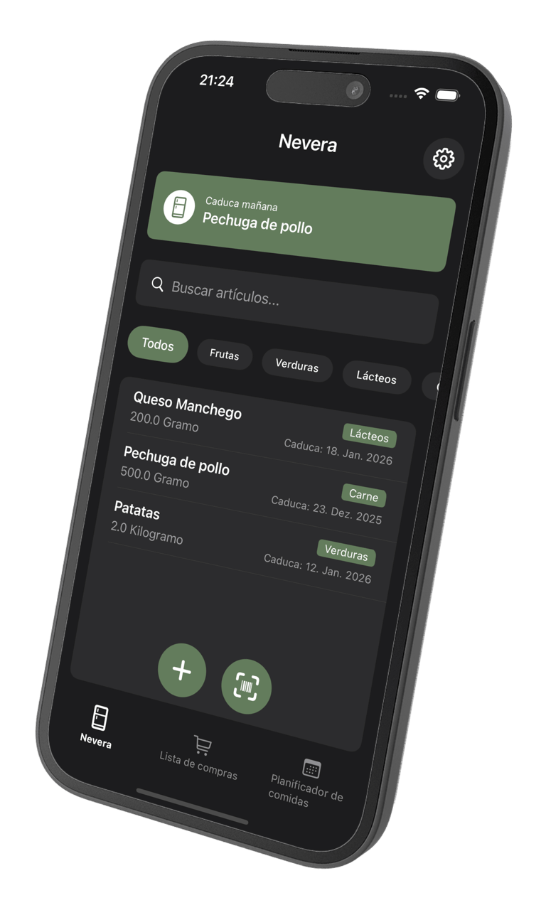 Application ReFridge affichant l’inventaire des aliments avec leurs dates d’expiration en mode sombr