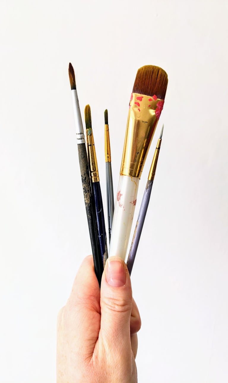Hand holding a variety of professional artist paint brushes against a white background.