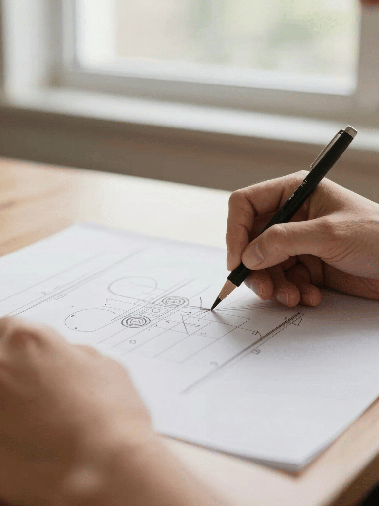 Close-up of hands sketching a technical layout on paper under bright window light, warm organic tones, shallow depth of field