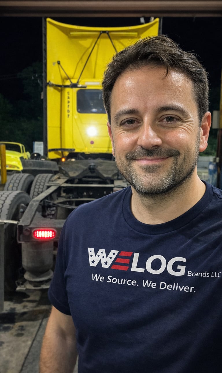 equipment sourcing and logistics professional in front of semi truck wearing WELOG Brands shirt with