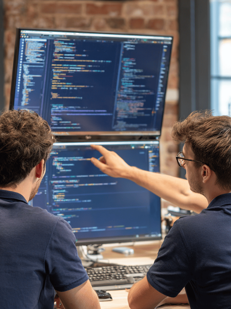 two men sitting at a desk with a computer monitor