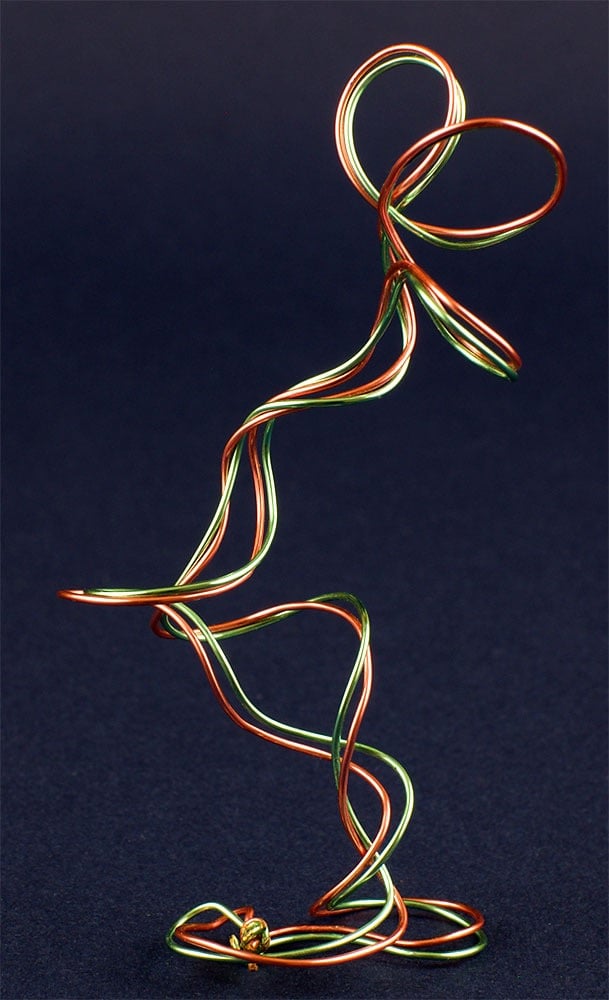 Abstract metal wire sculpture evoking a person pacing to and fro