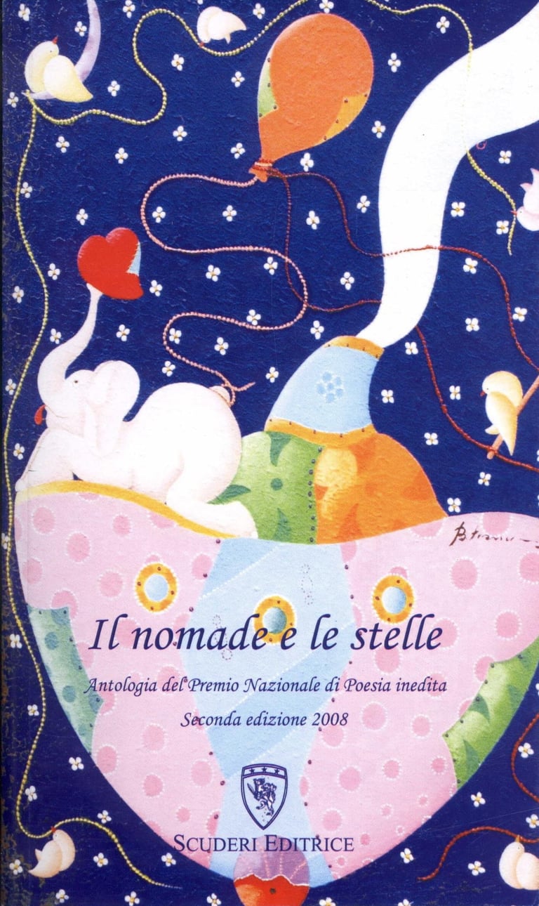 Il nomade e le stelle book cover featuring surreal art of an elephant, heart, and stars by Scuderi Editrice.