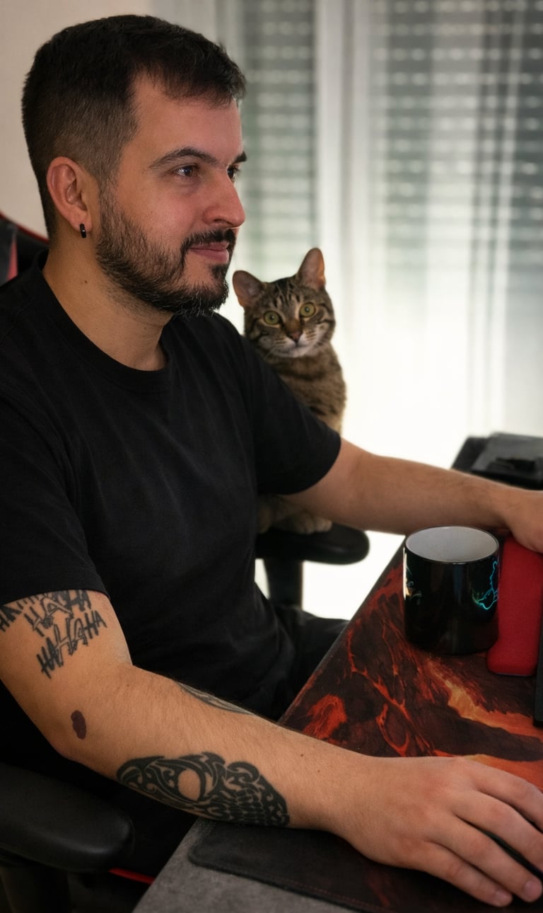 Bearded man with tattoos gaming at a desk while a tabby cat sits on his shoulder.