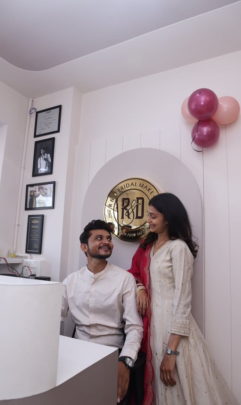 rajesh and daya baldaniya creative director in r&d bridal makeup in gotri vadodara