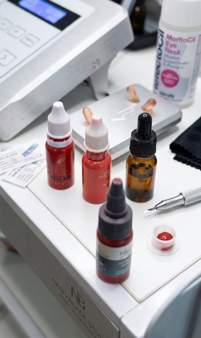 Professional microblading supplies including red tattoo ink pigments, a needle tool, and mixing equipment.