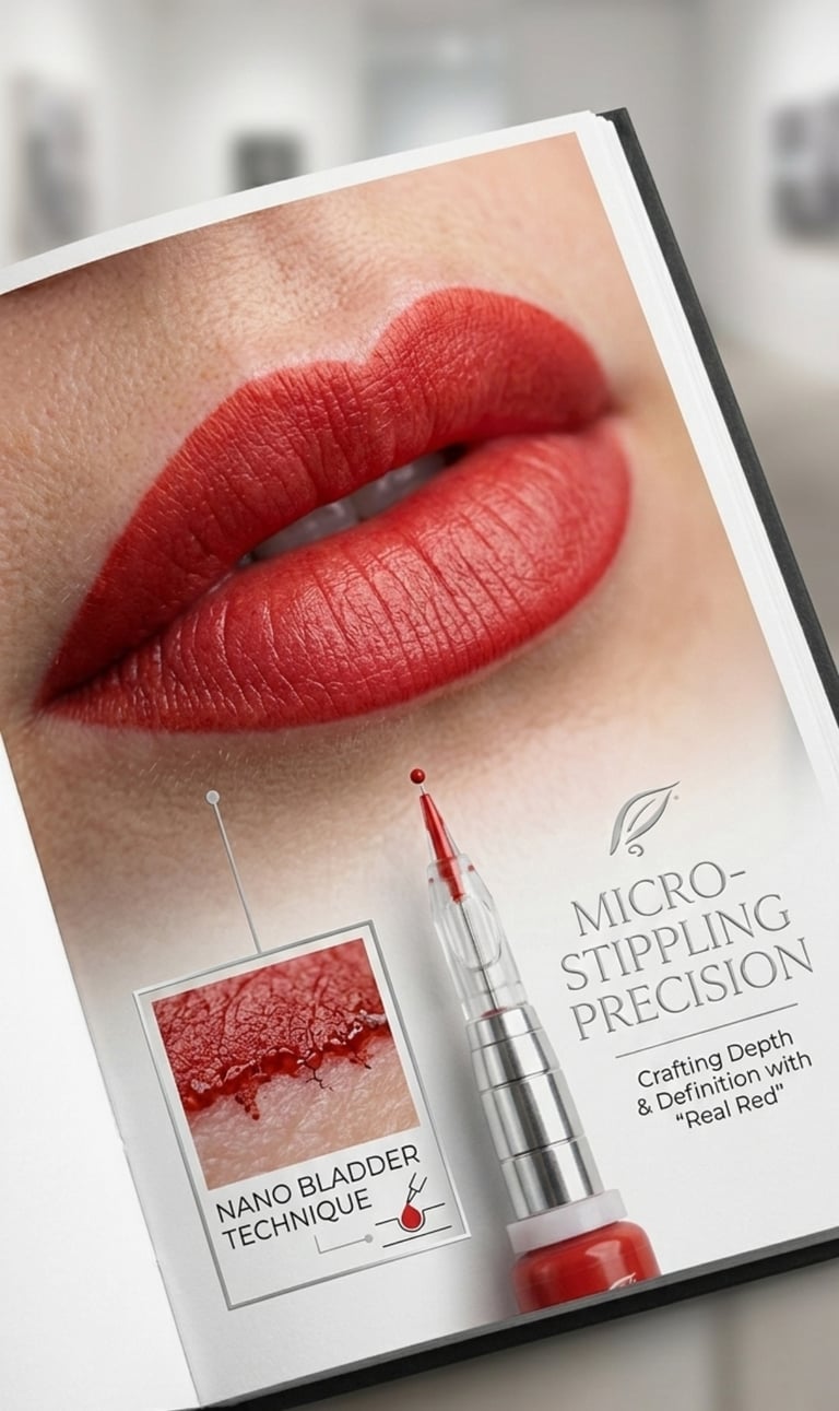 Permanent makeup micro-stippling technique for red lip blush using a precision nano needle.