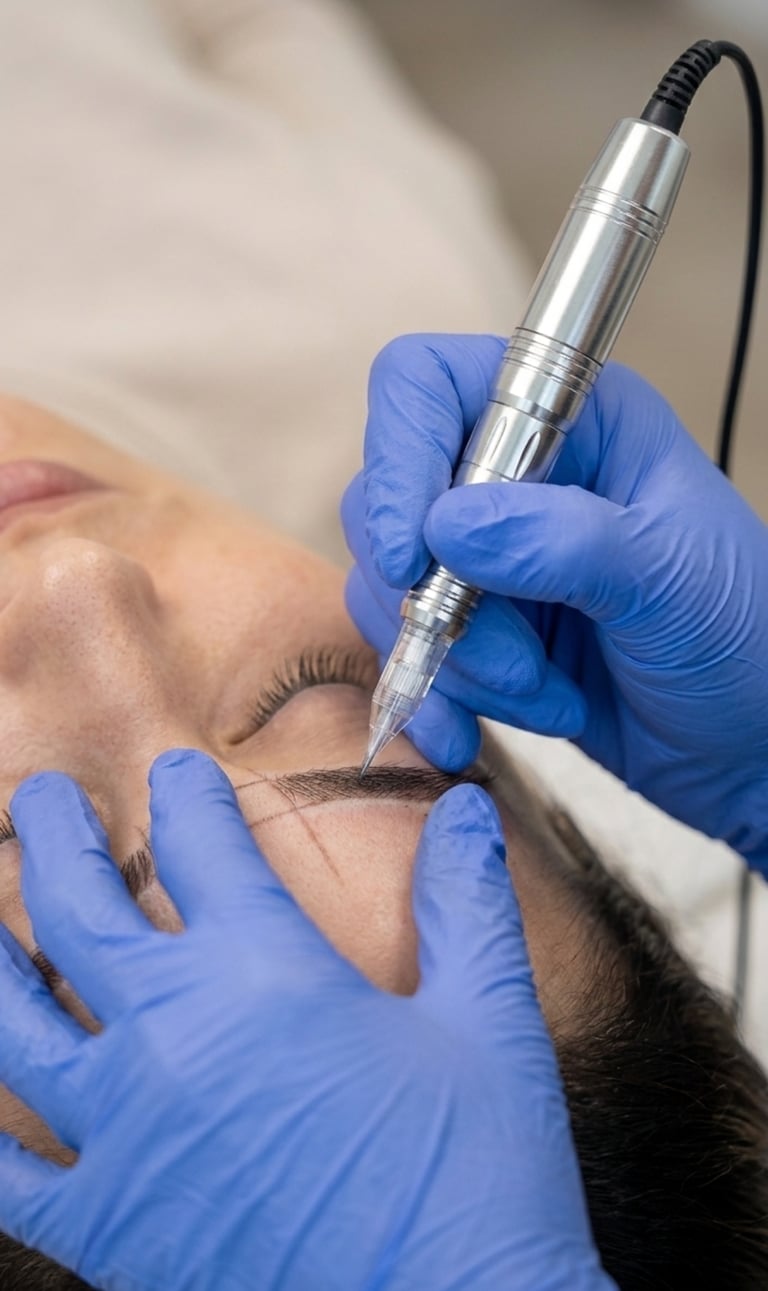 A technician performing a professional eyebrow microblading and permanent makeup procedure on a client.