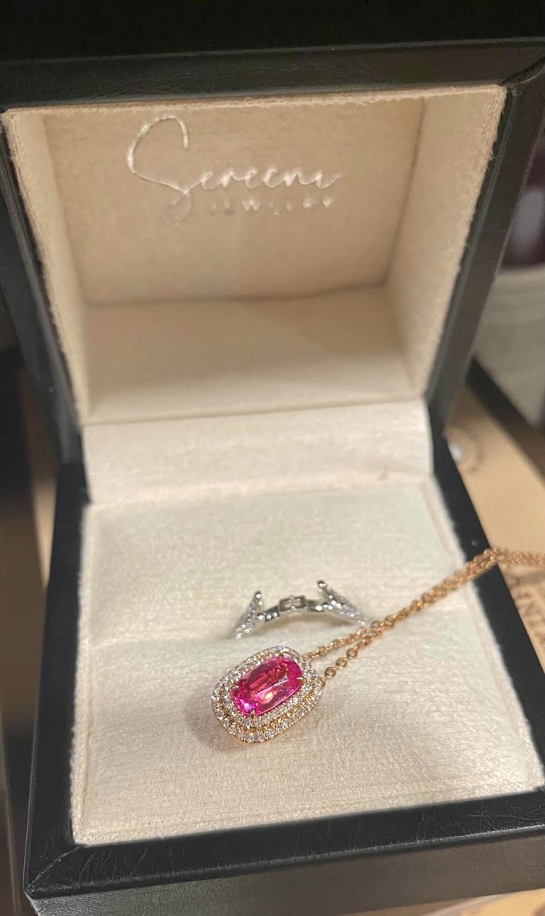 hot pink spinel double halo diamond pendant ring in 18k rose and white gold