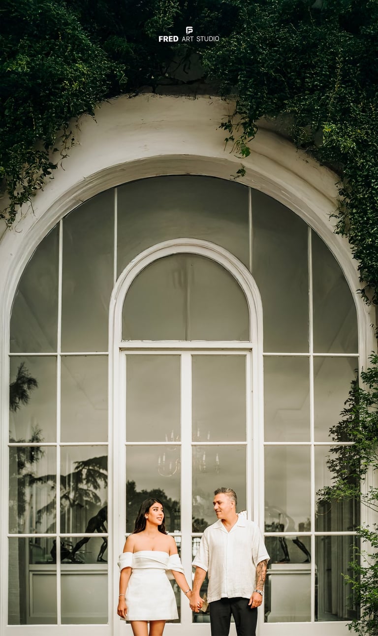 Couple holding hands in front of large white window – engagement photography by Fred Art Studio