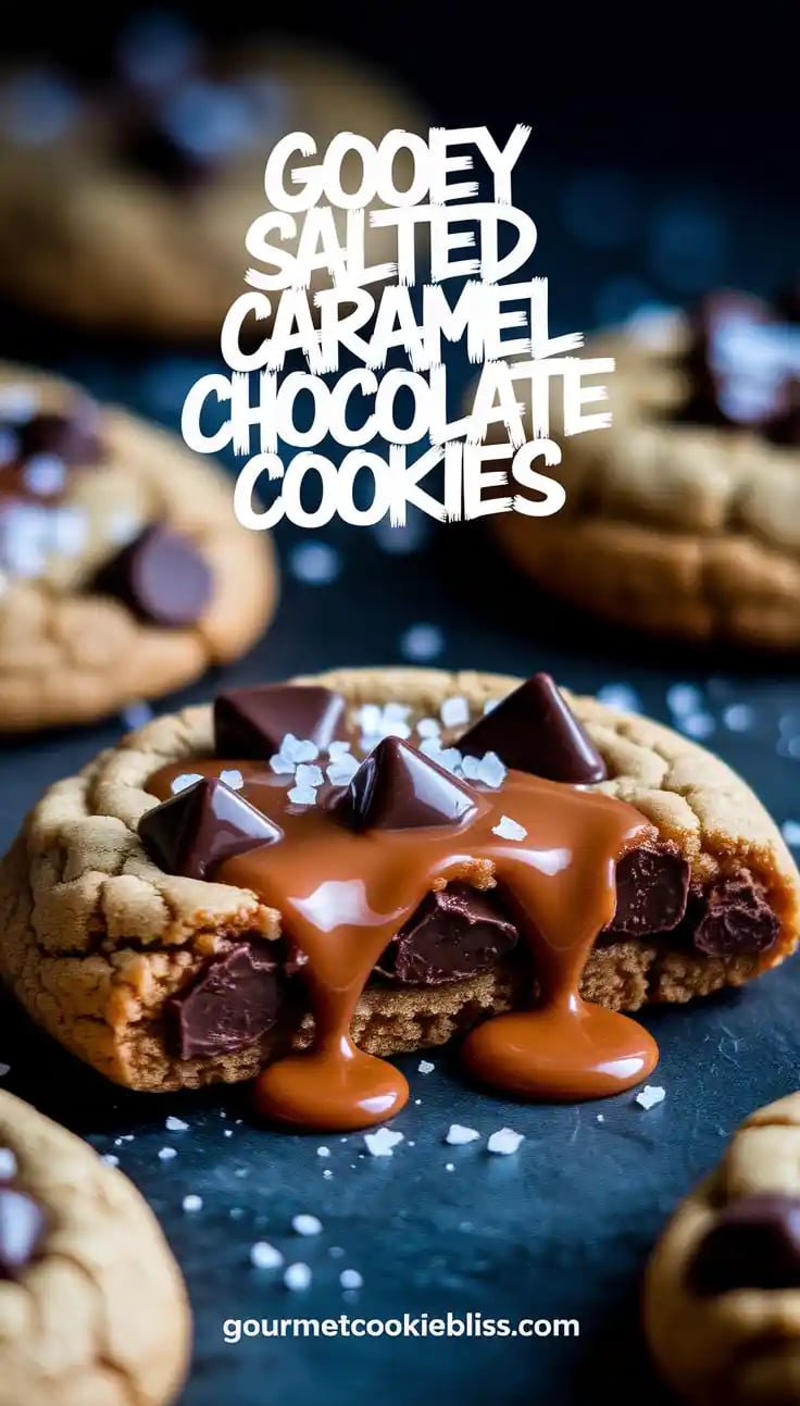 A close-up of a gooey salted caramel cookie with chocolate chunks and sea salt.