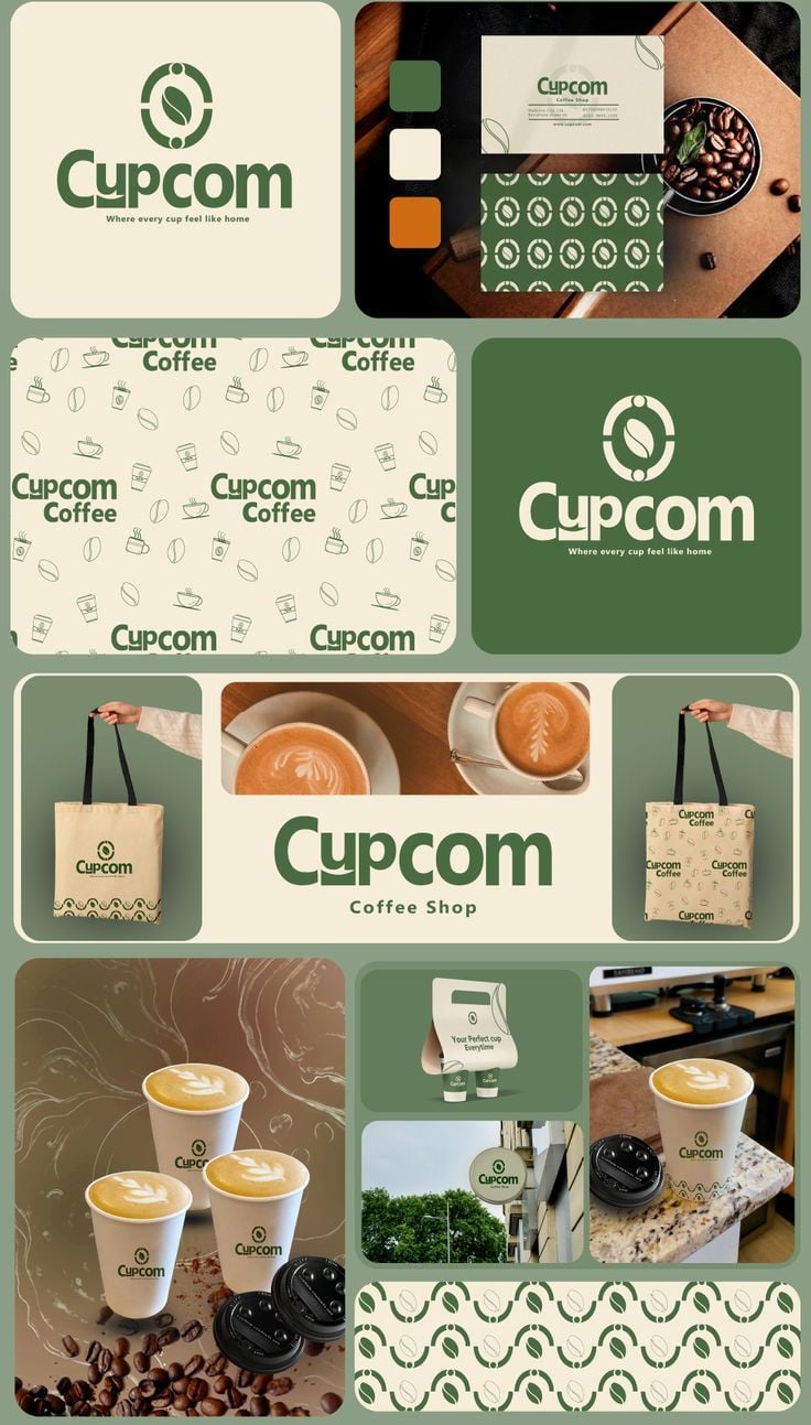 Cupcom coffee shop brand identity design featuring logo, business cards, tote bags, and takeaway cups.