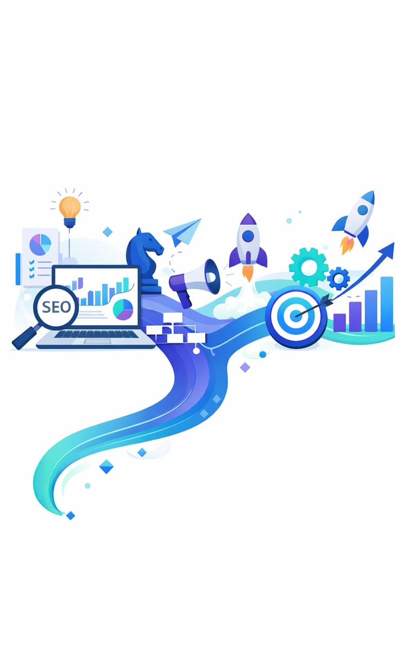 Flat lay illustration of a laptop surrounded by digital technology icons and software development symbols.