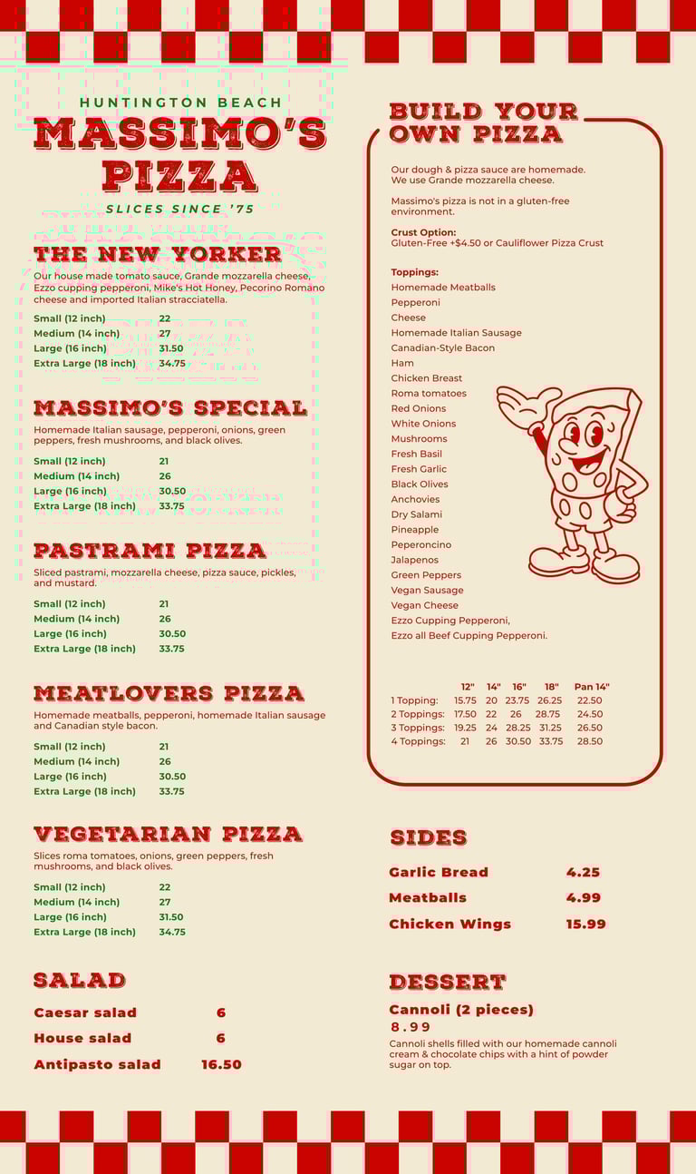 Massimo’s Pizza rebrand menu with specialty pizzas and sides.