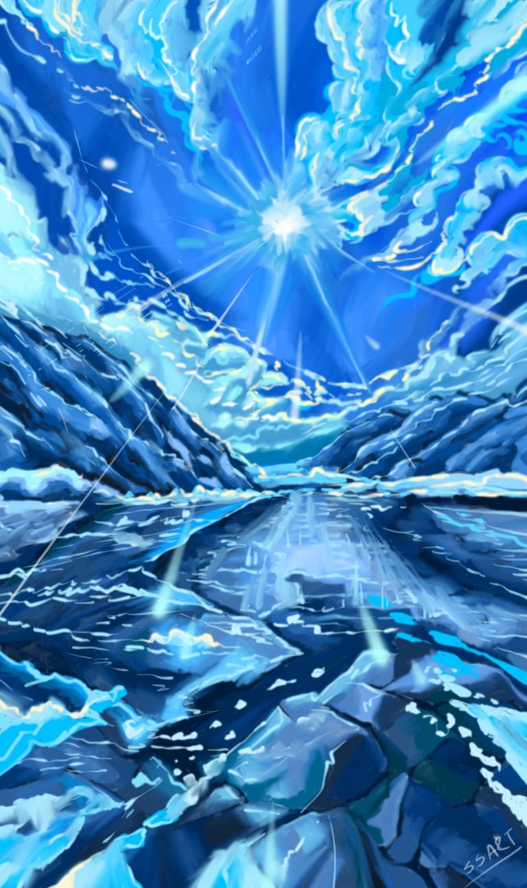 landscape art or painting with ice caped mountain and sun shining in sky