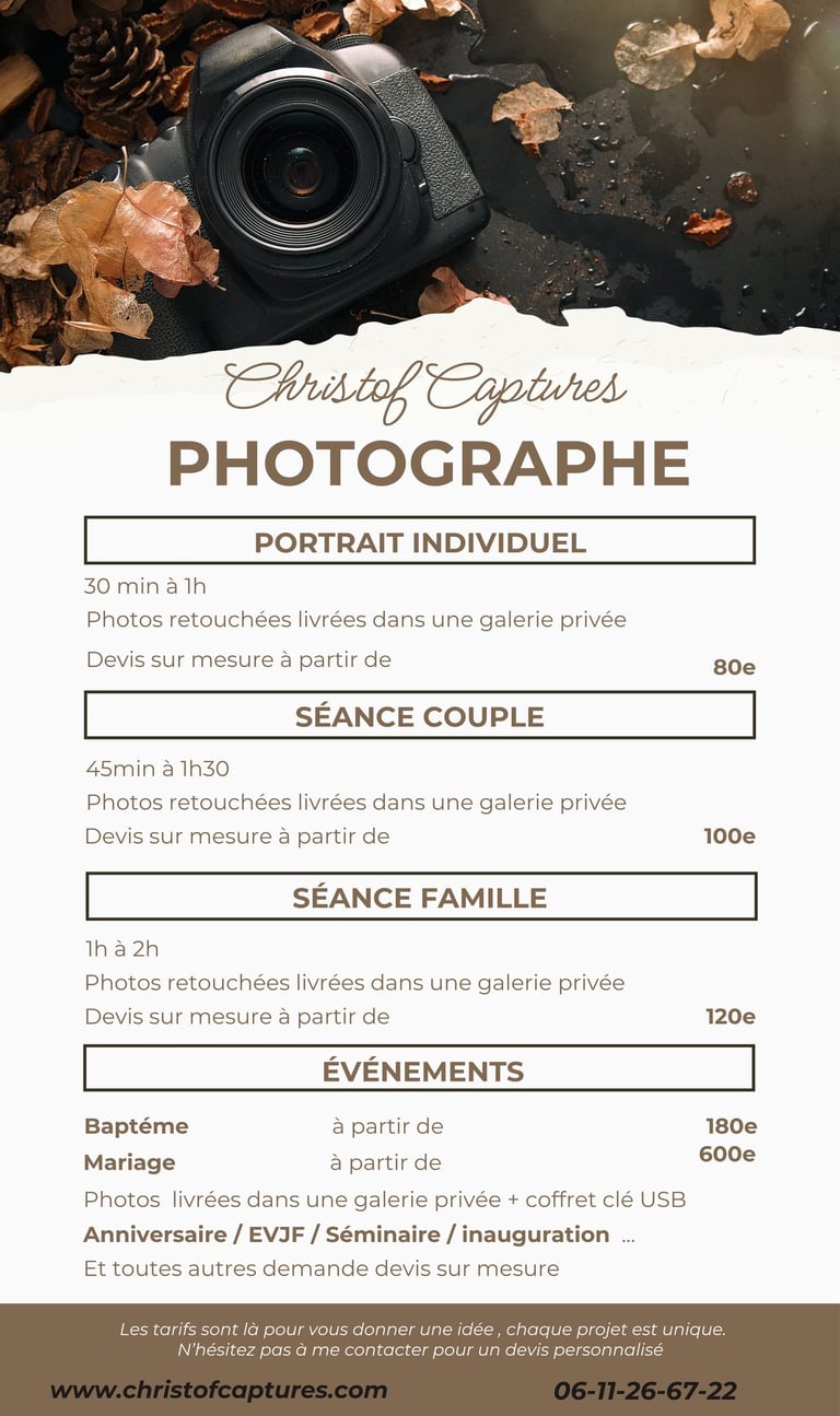 tarifs de mes prestations de photogaphe portraits , couple , evenements perpignan 66
