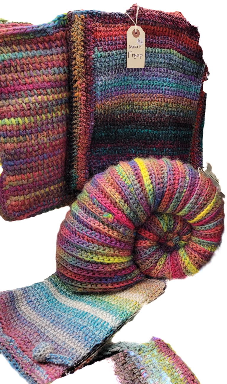 Angela Myers crochet bags and ammonite