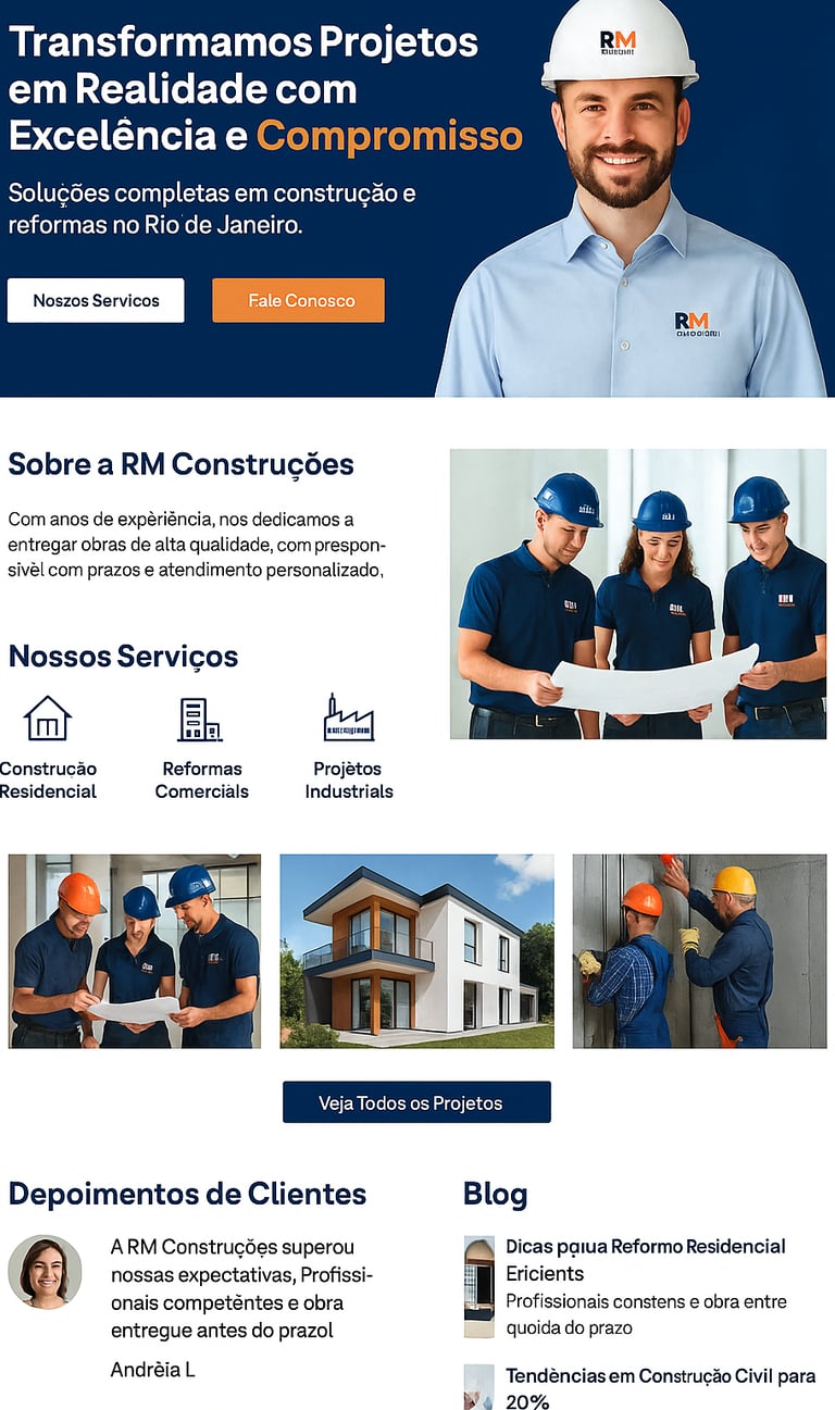 Engenheiro da RM Construções com capacete e projeto na mão sobre fundo escuro.