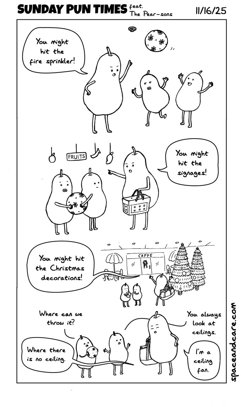 Pears being told not to play ball inside.