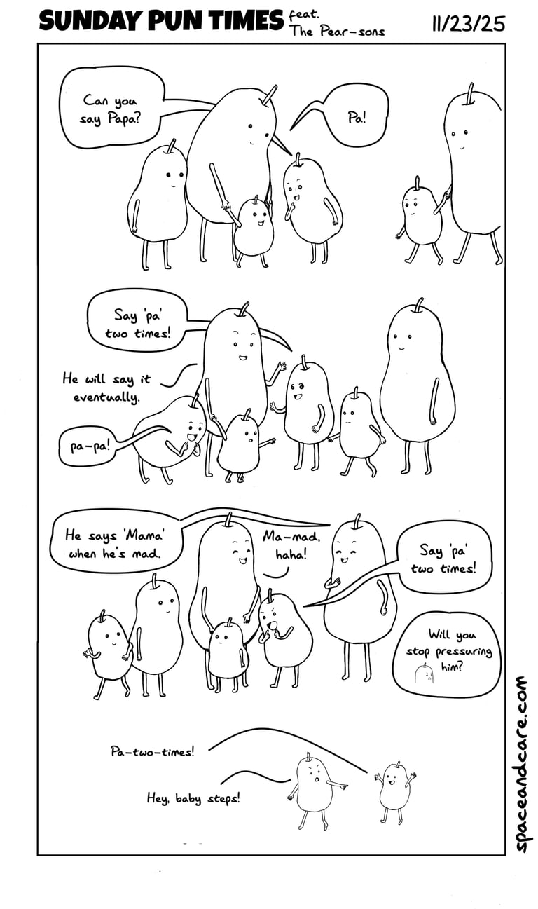 The pear family teaching baby pear to say "papa."
