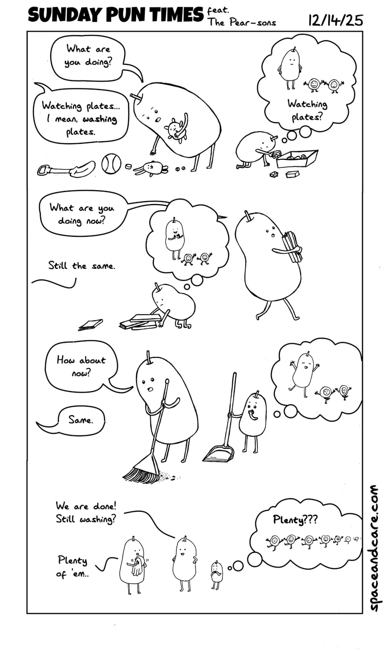 Pear-ents talk about chores while the child pear wonders about a misunderstanding.