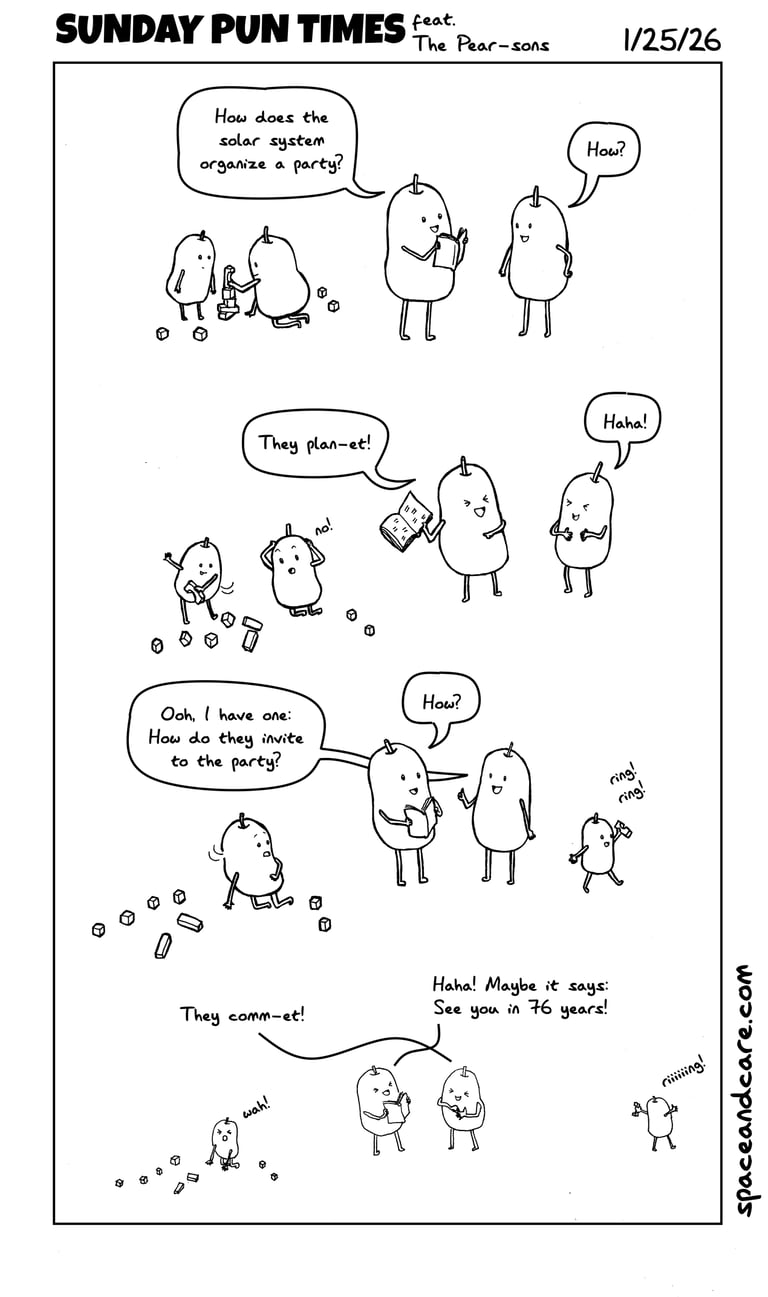 Two pear-sons making jokes while two little pears play in the background.