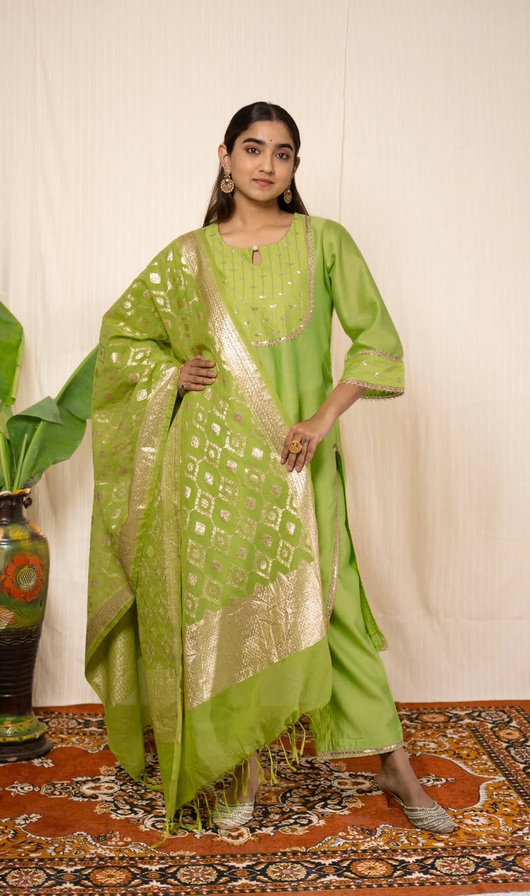 SajNaari Lime Green Chanderi Straight Kurta set with Dupattas