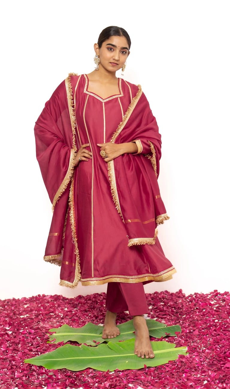 SajNaari Cherry Red Chanderi Anarkali Kurta set with Dupattas