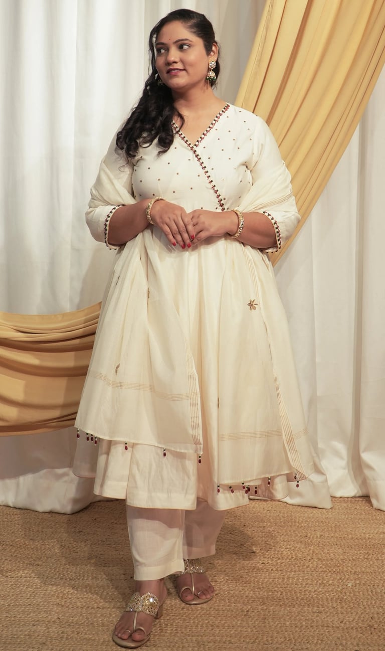 SajNaari Off white Chanderi Anarkali Kurta set with Dupattas 