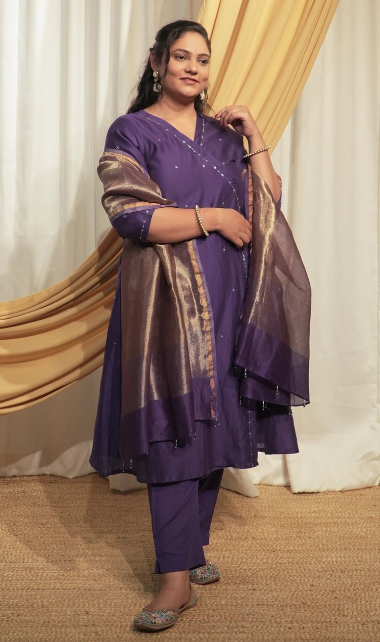 SajNaari Purple Chanderi A-line Kurta set with Dupattas  