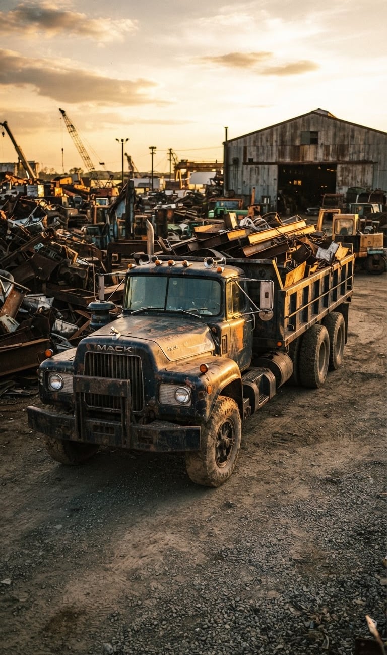 Vintage heavy-duty truck, multi-axle, parked in an industrial yard at golden hour, low-angle wide shot, metallic textures, dust.