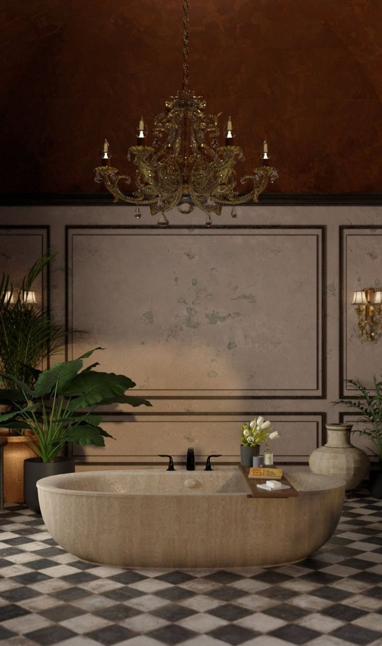 Elegant bathroom with freestanding tub and chandelier in a Dubai home renovation.