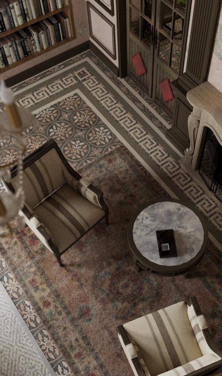 Luxury living room with fireplace and classic seating in a bespoke Dubai interior design project.