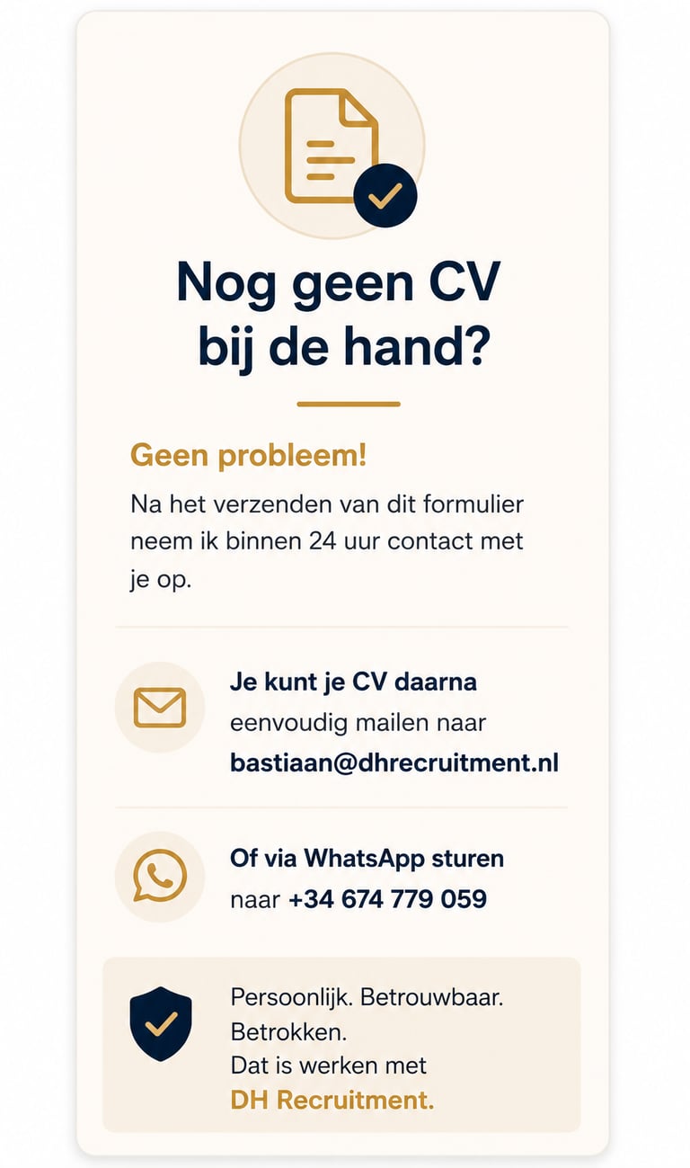 Informative recruitment banner for DH Recruitment explaining how to submit a CV via email or WhatsApp.