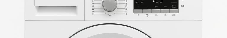 Blomberg logo above a front-loading Blomberg washing machine with a digital display, cycle selector 