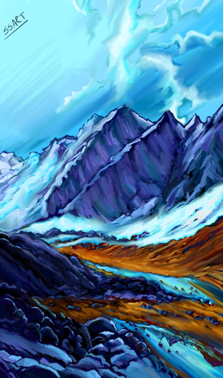 landscape art or painting with ice caped mountain and frozen lanscape made using photoshop