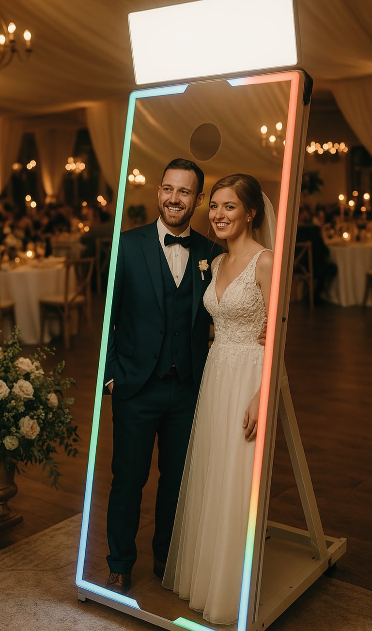 Eleganter Fotospiegel auf einer Hochzeit, umgeben von Brautpaar und Gästen in festlicher Kleidung